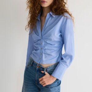 Reserved Light Blue Pinstripe Ruched Button-Up Shirt